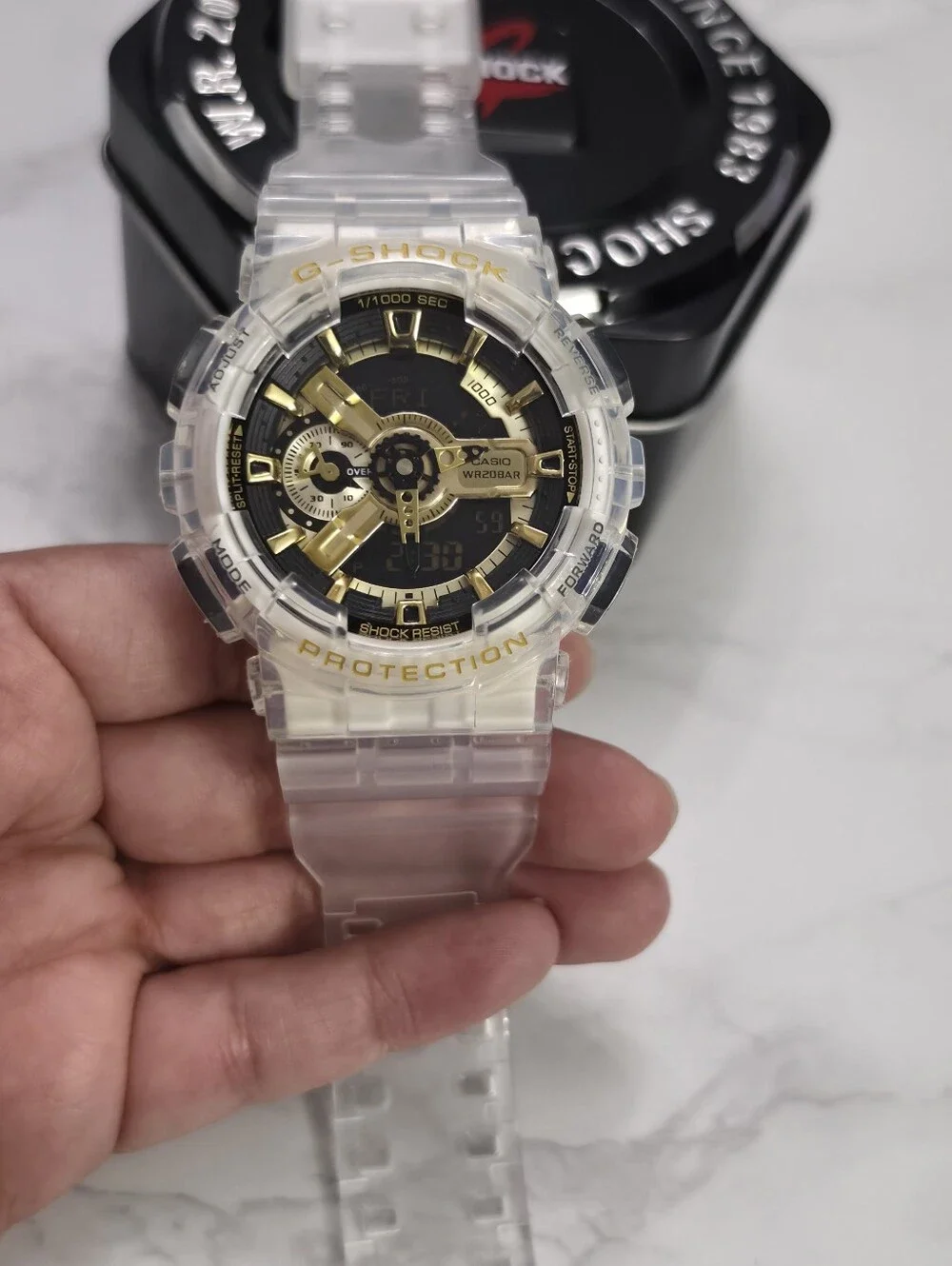 G-Shock Clear Resin Watch with Black and Gold Dial 48mm Unisex NEW